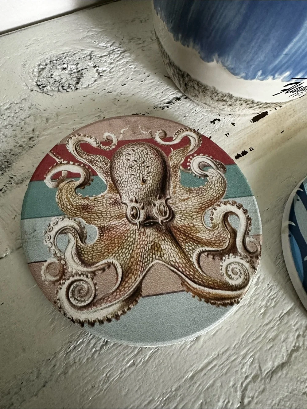 Blue & Cream Ceramic Palm Tree Mug with Coastal Coasters Bundle